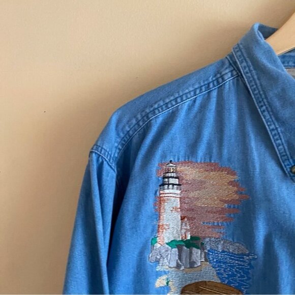 Vintage Enza Denim Button-Up Shirt Embroidery Woman XL Coastal Beach Coquette - Picture 4 of 14